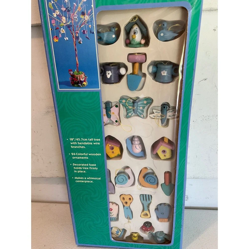 Spring Tree with 24 Wooden Ornaments 18 Inch Bendable Wire Easter Centerpiece